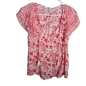 Lucky Brand Blouse Women's Small Pink Paisley V-Neck Ruffle Boho Shirt Top
